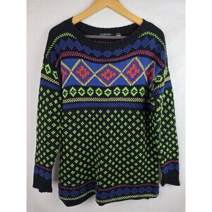 Lauren Ralph Lauren Sweater Womens Size Medium Black Neon Fair Isle Top